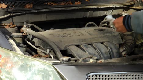 vehicle owner checks the oil level on a fall day