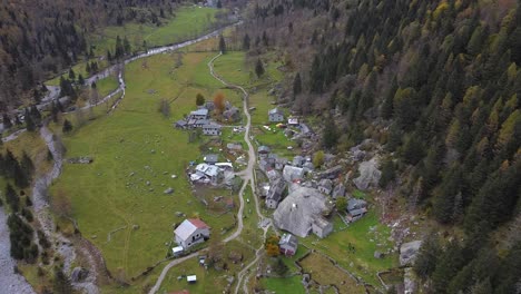 drone on the forest in val di mello from above, italy