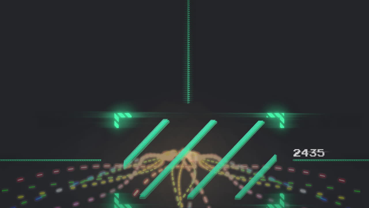 Neon green bars streaming across dark HUD, showing multicolored light trails and pixel readout