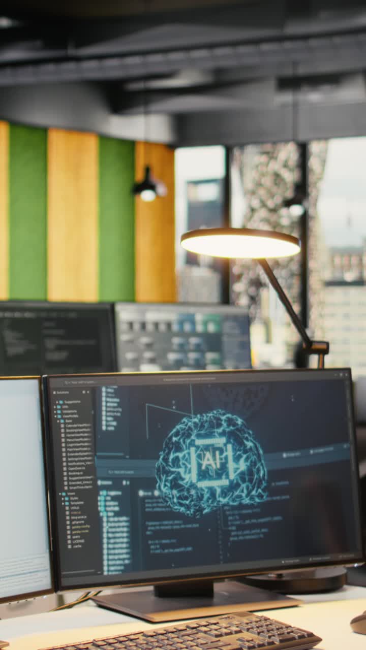 Vertical video Computer monitors in empty startup workspace with cloud computing AI resources