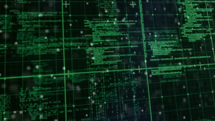 Animation of dna pack text on green grid and circular scanner with helix over processing data