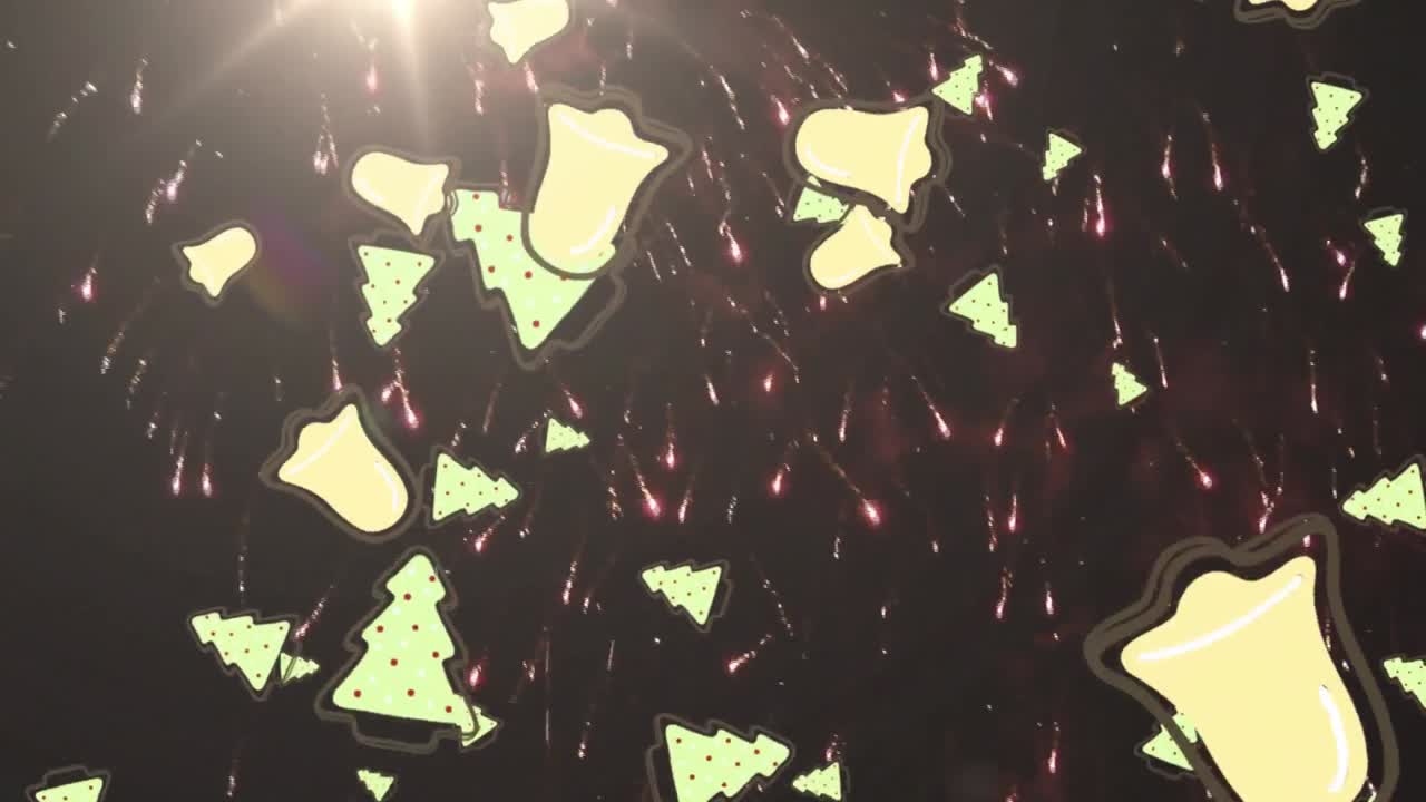 animación de campanas que caen y árboles de navidad sobre fuegos artificiales