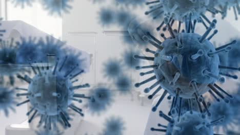 animación de la propagación del coronavirus covid19 con un trabajador de la salud en el fondo