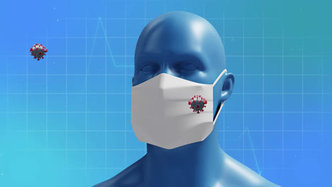 animation of cardiograph and virus cells with man with face mask on blue background