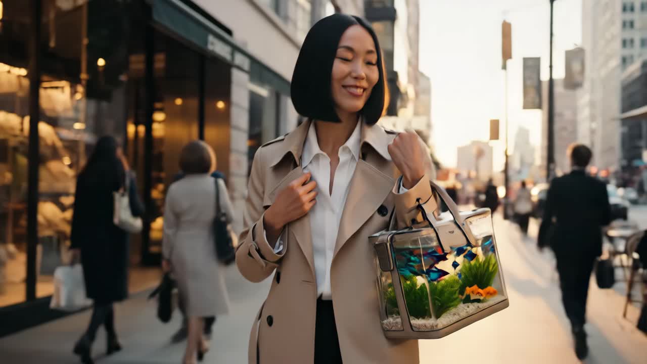 A woman carrying a fish tank as a handbag on a city street