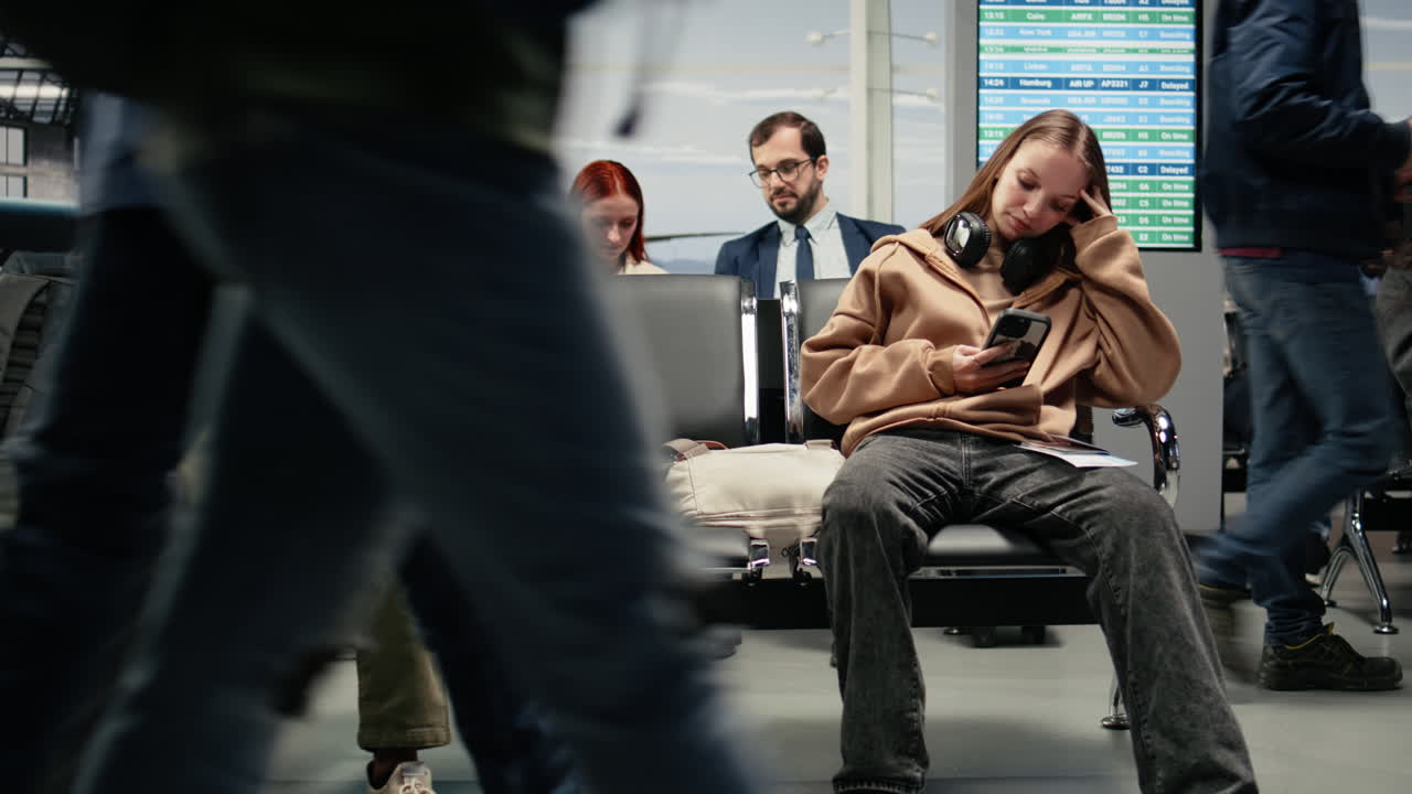In attesa della partenza dell'aereo, smartphone e ragazza annoiata in aeroporto
