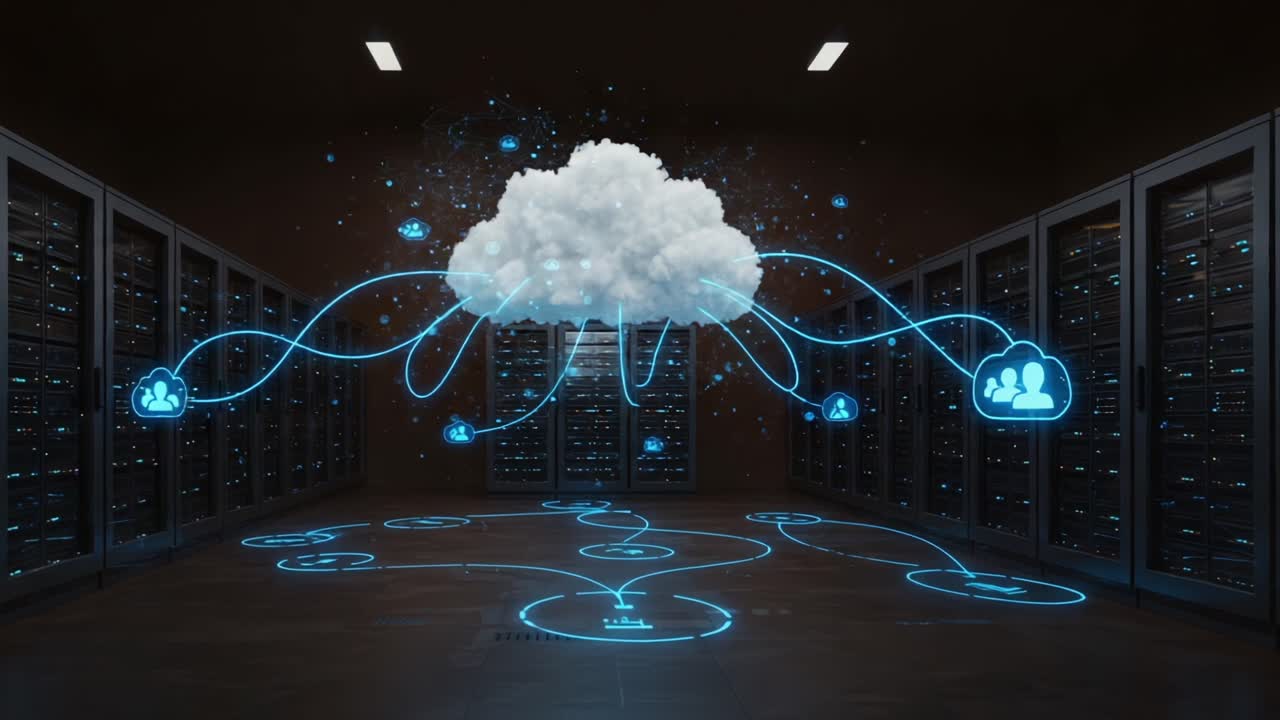 Illuminated Cloud Networking: Visualizing Data Connections in a Modern Server Room Environment with Dynamic Cloud and Network Symbolism