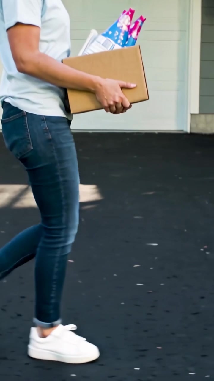 Video verticale: Donna che cammina in maglietta, jeans e scarpe da ginnastica, trasportando una scatola con regali colorati verso il portico.