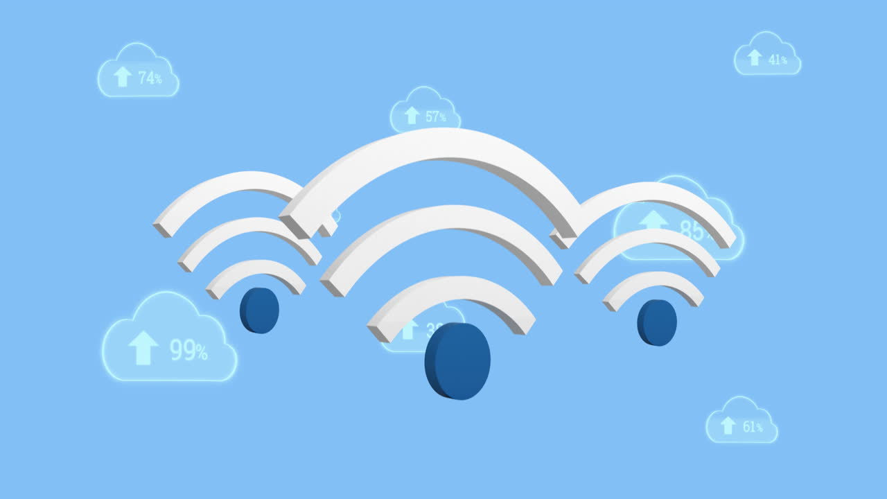 animación de iconos wifi y nubes digitales con flecha y porcentaje creciendo en fondo azul