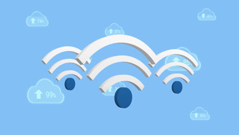 animation of wifi icons and digital clouds with arrow and percent growing on blue background