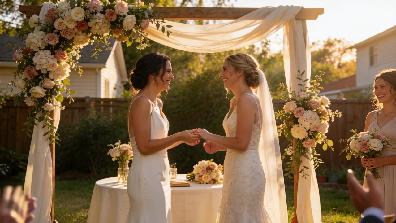Due spose, tenendosi per mano e indossando abiti da sposa, si scambiano gli anelli e pronunciano i voti in un giardino sotto un arco fiorito.