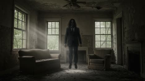 A Haunting Presence in an Abandoned Room: The Transformation of a Dark Figure Captured in Two Frames of Suspense and Terror