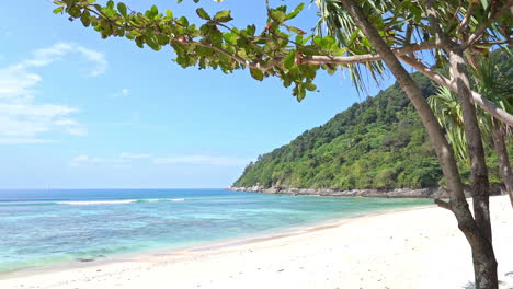 pan left from a tropical white sand beach to the ocean and the incoming waves