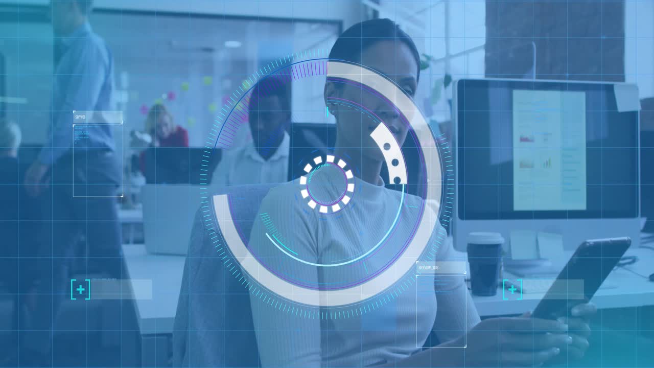 Seated female office pro tapping tablet while rotating HUD overlay intensifying guiding data review