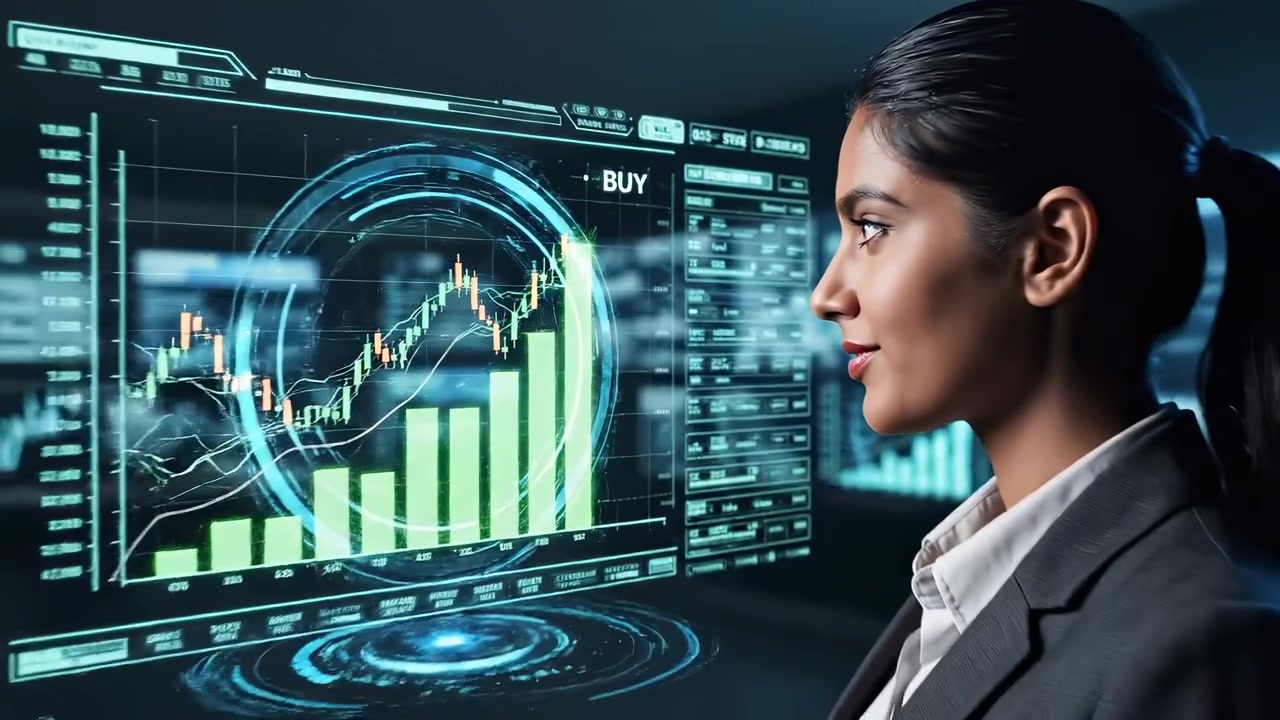Woman Analyzing Financial Data on Futuristic Holographic Screen