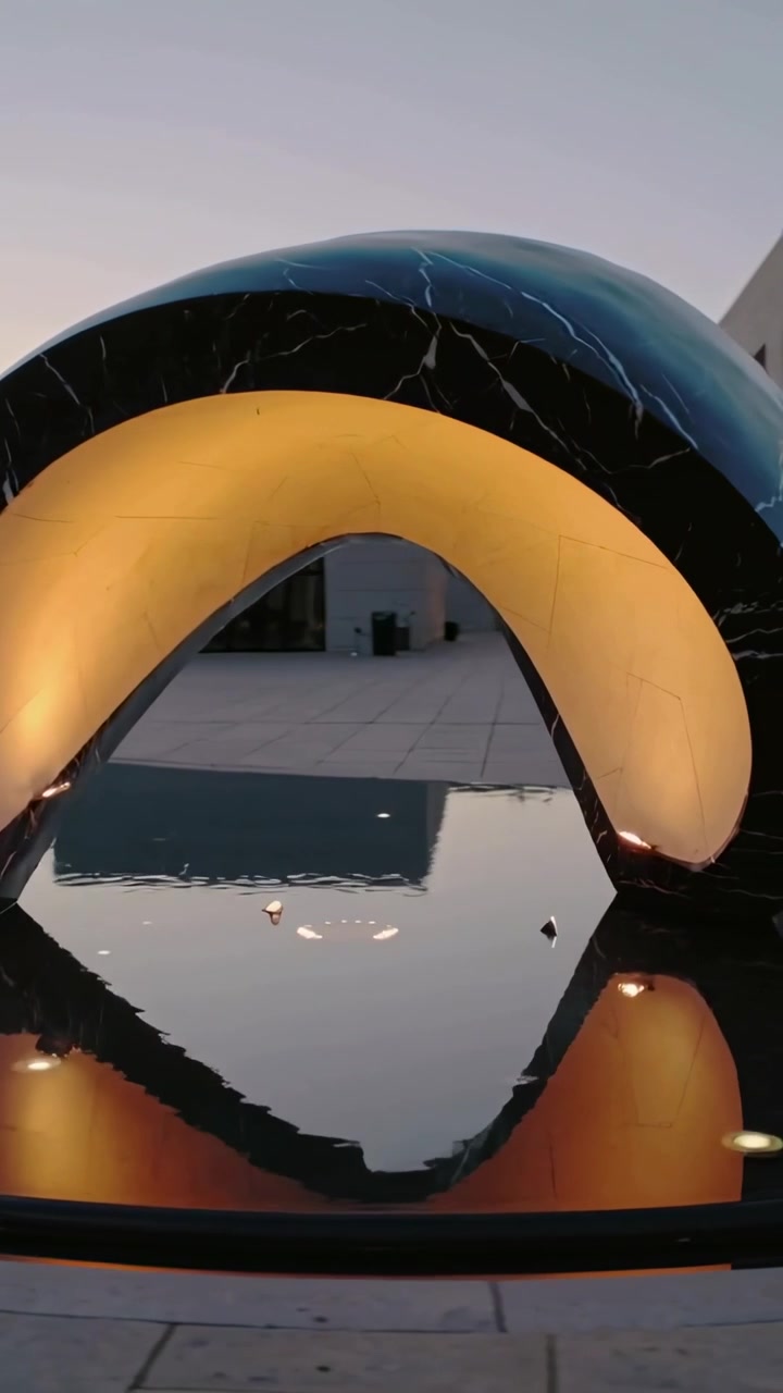 Vídeo vertical: Câmera inclinando revelando arco brilhando acima da piscina ao entardecer, mostrando reflexo espelhado.