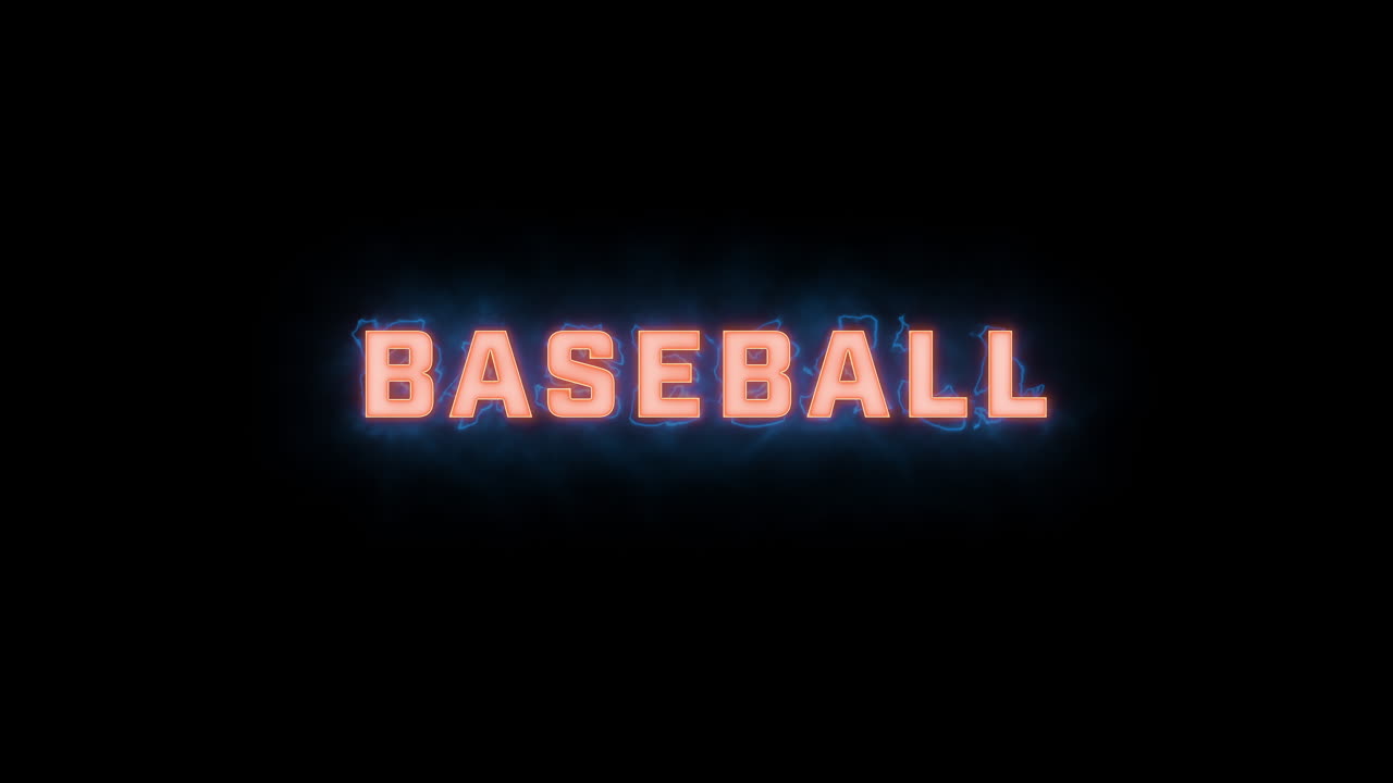 una breve revelación tipográfica de movimiento gráfico de alta calidad de las palabras "baseball" con varias opciones de color en un fondo negro, animada dentro y fuera con elementos eléctricos y brumosos
