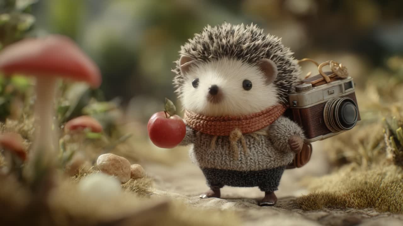 A Charming Hedgehog Adventurer Joyfully Carries an Apple While Exploring a Magical Forest, Capturing Memories with a Vintage Camera in a Whimsical Environment