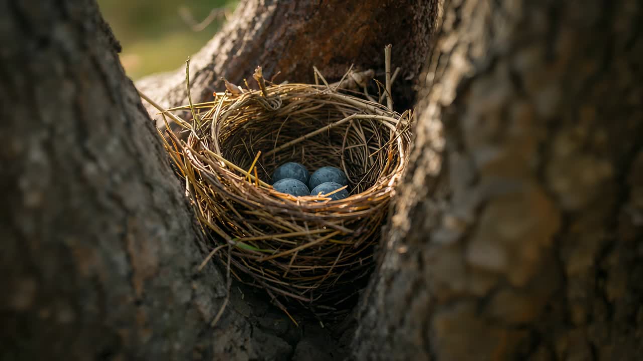 Pushing camera revealing woven bird nest cradling three blue-speckled eggs in tree fork, warm light