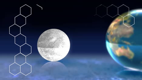 animación de hexágonos sobre la luna, el globo y el sol sobre fondo negro