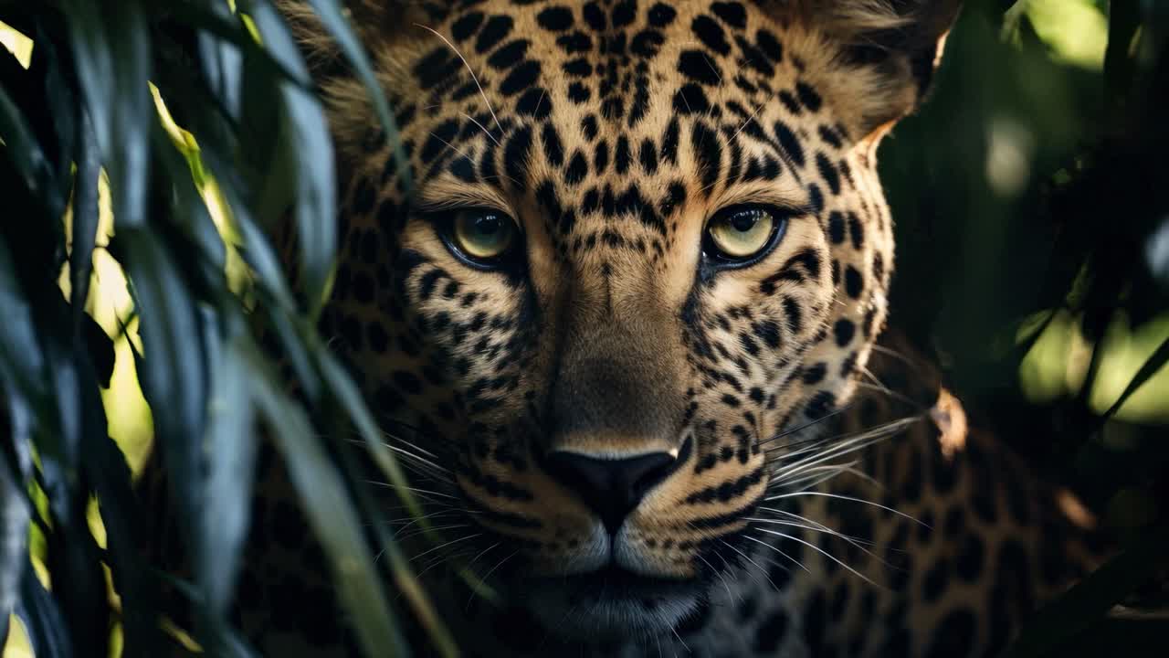 Close-up video shot of a leopard peering through leaves, capturing its intense gaze