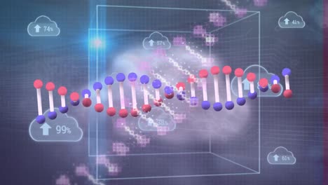 Animation-Der-Sich-Drehenden-DNA-Struktur-Und-Mehrerer-Wolkensymbole-Mit-Zunehmendem-Prozentsatz