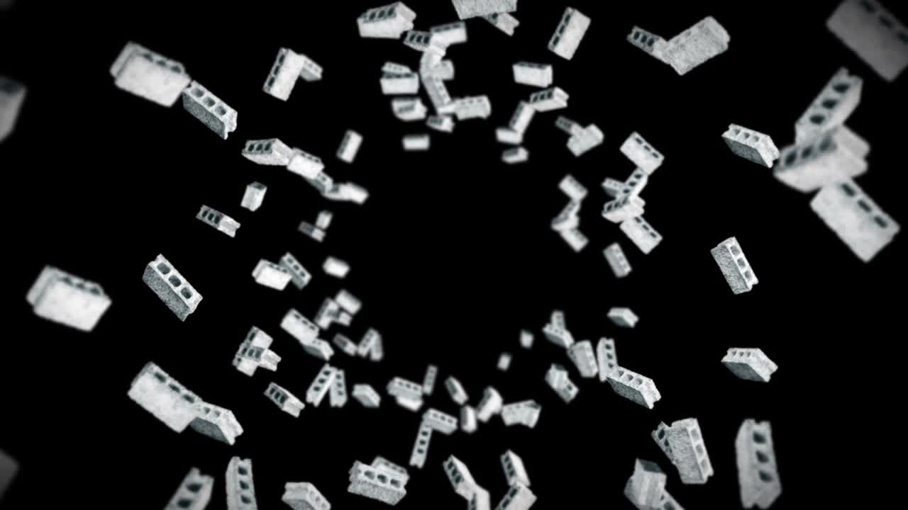 검은 바탕에 많은 콘크리트 벽돌을 날아. 소형 모델, 시멘트, 건설, 회색 블록의 3d 애니메이션 회전, 루프 애니메이션.