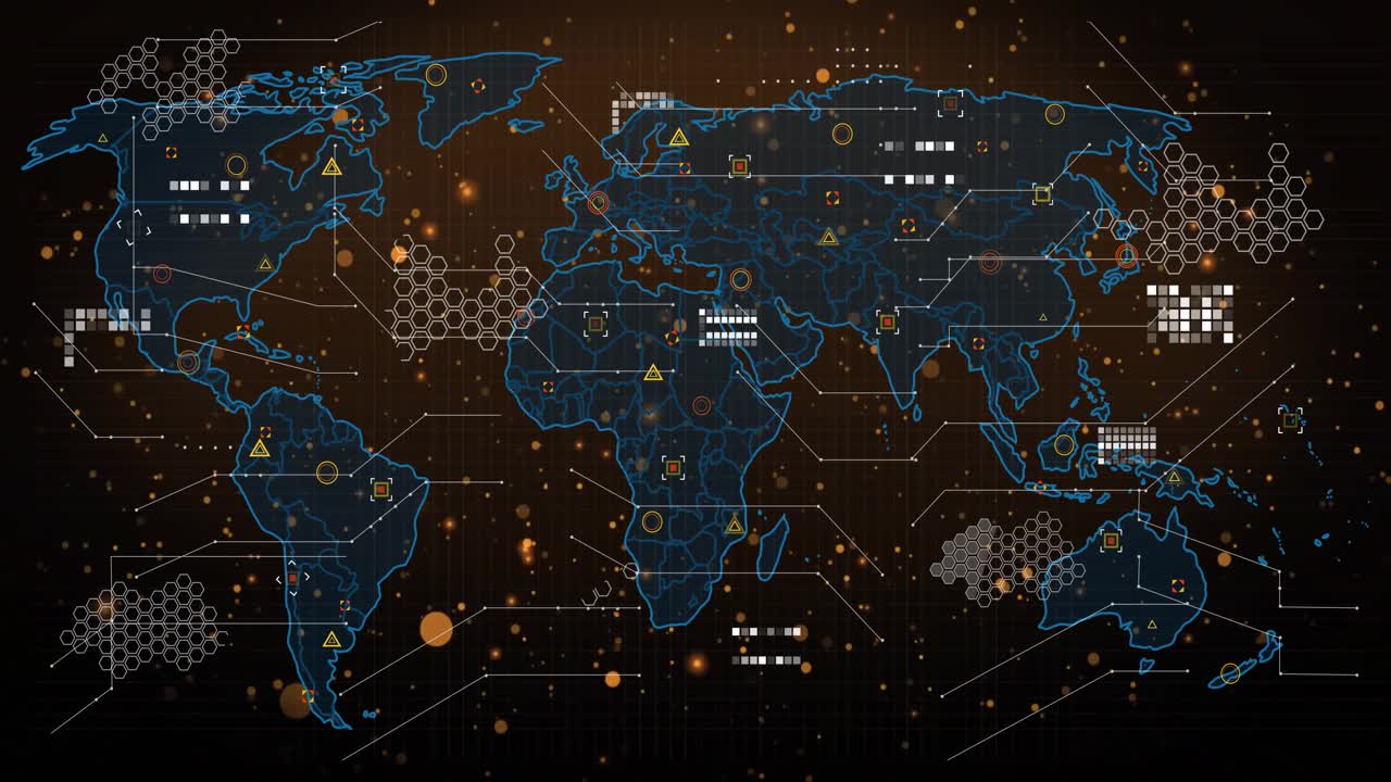 Neon-blue line animating from left into map, icons, hex clusters, particles appearing for analytics