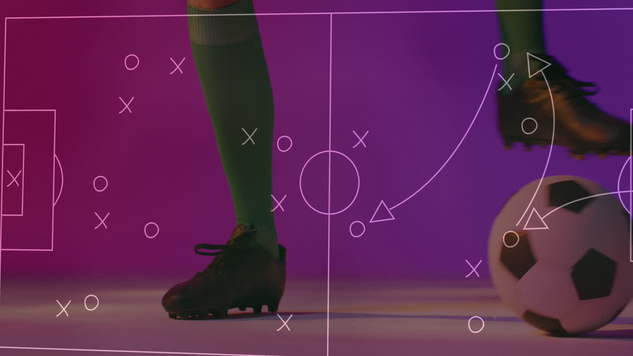 스타디움 그림 위에 백인 남성 축구 선수의 애니메이션