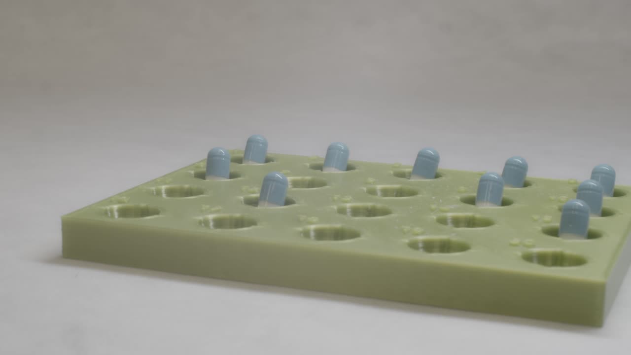 recogiendo cápsulas de medicina con pinzas de la placa, vista de cierre extremo