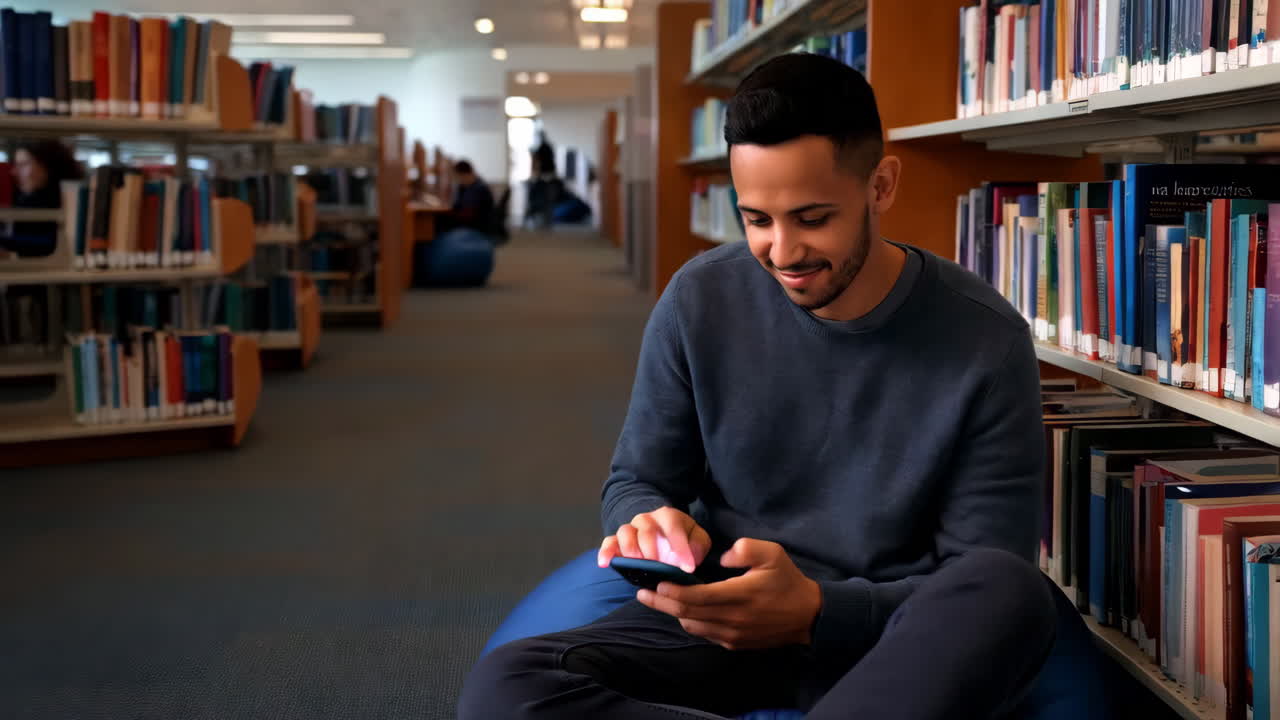 Student using smartphone in library