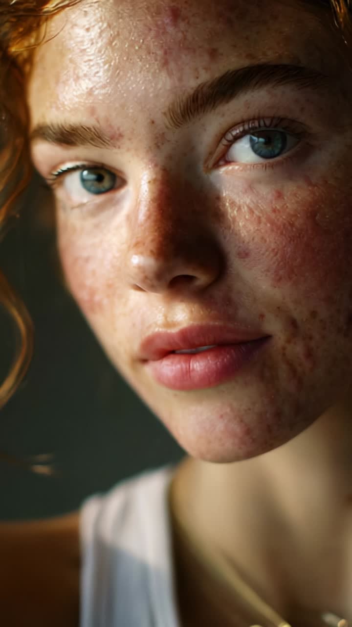 Accattivante ritratto ravvicinato di una giovane donna con lentiggini, bellezza naturale e occhi espressivi, che mette in mostra emozioni autentiche e pure