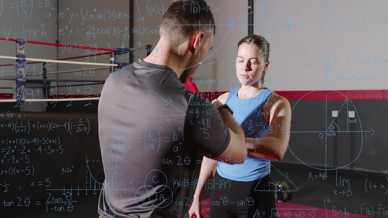Coach unrolling red handwrap and wrapping athlete's hands in boxing ring, math overlays aiding prep