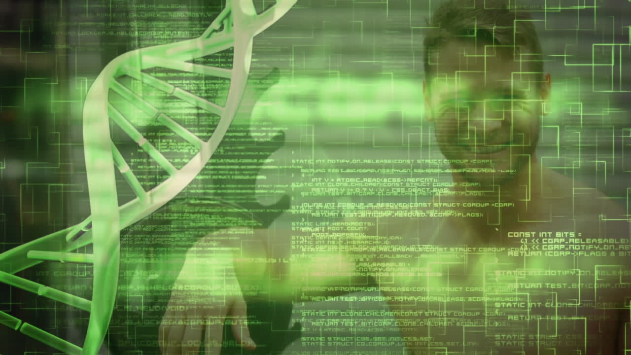 체육관에서 운동하는 근육질의 남자 위에 있는 dna 줄기의 애니메이션