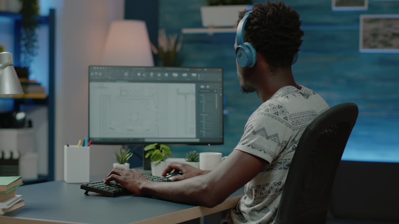 Architect wearing headphones and creating blueprint plan