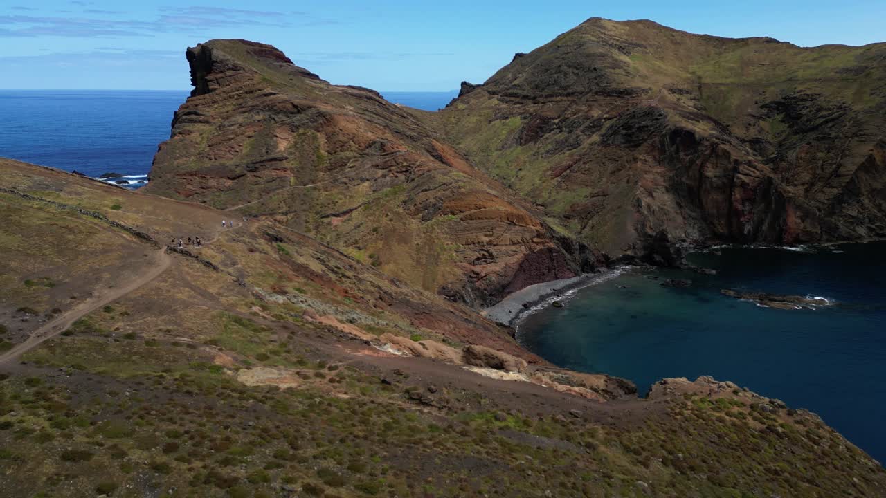 Ponta de Sao Lourenco idyllic volcanic island meadow mountain range landscape in Madeira, Portugal aerial view