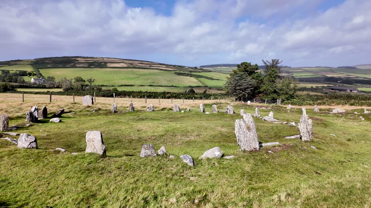 Ancient stone remains of Iron Age roundhouses forming a prehistoric settlement at The Braaid