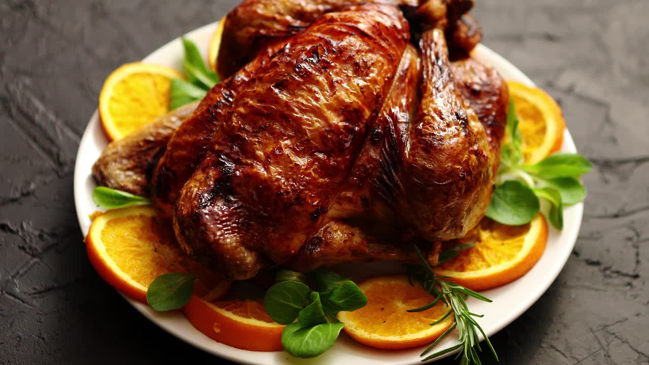 pollo o pavo entero asado servido en plato de cerámica blanca con naranjas