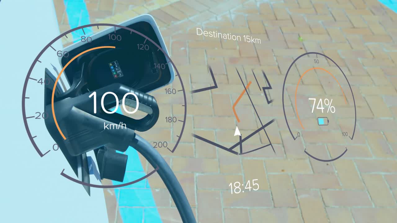 차 위에 충전 배터리 아이콘과 스피도미터와 인터페이스의 애니메이션