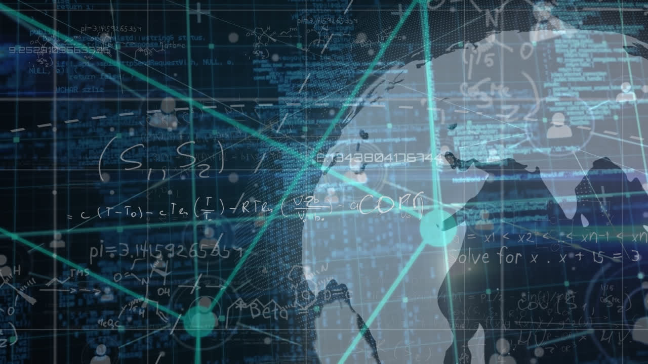 animación de ecuaciones matemáticas, red de íconos de perfil y globo giratorio sobre fondo azul