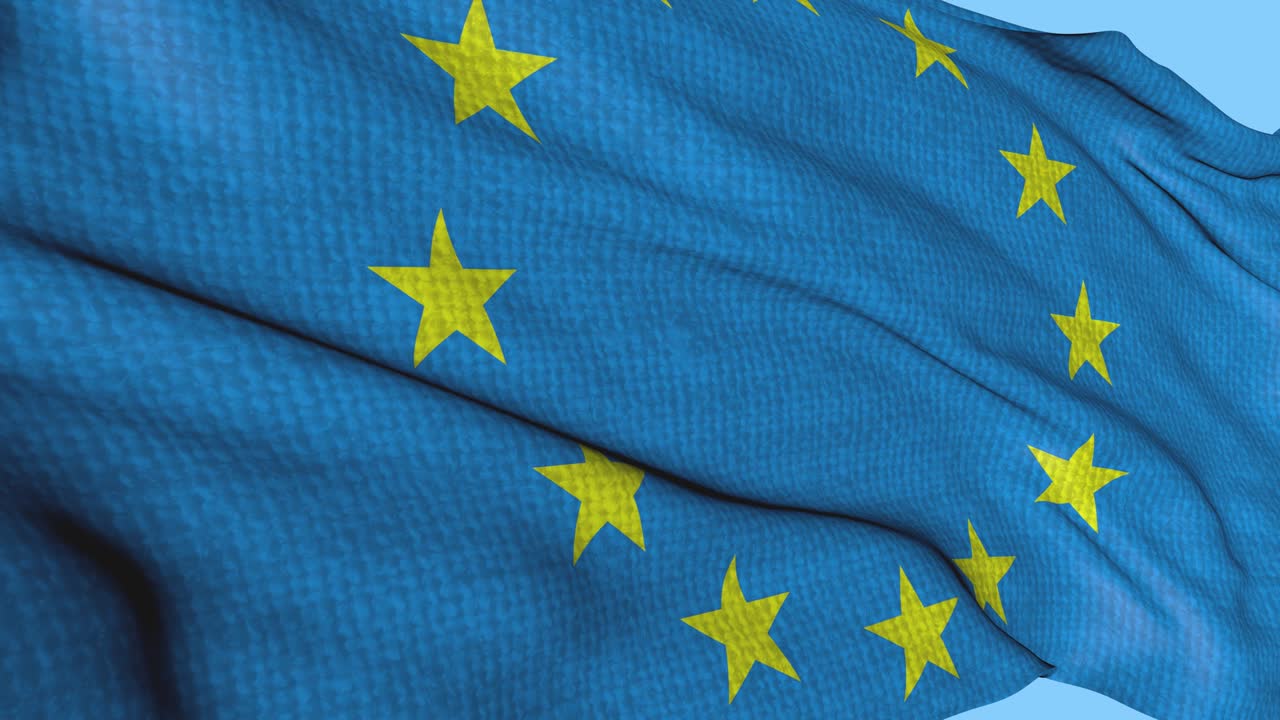 bandera de la ue con textura de tela balanceándose en el viento. animación del signo del símbolo nacional europeo. video de bucle sin costuras en un fondo aislado.