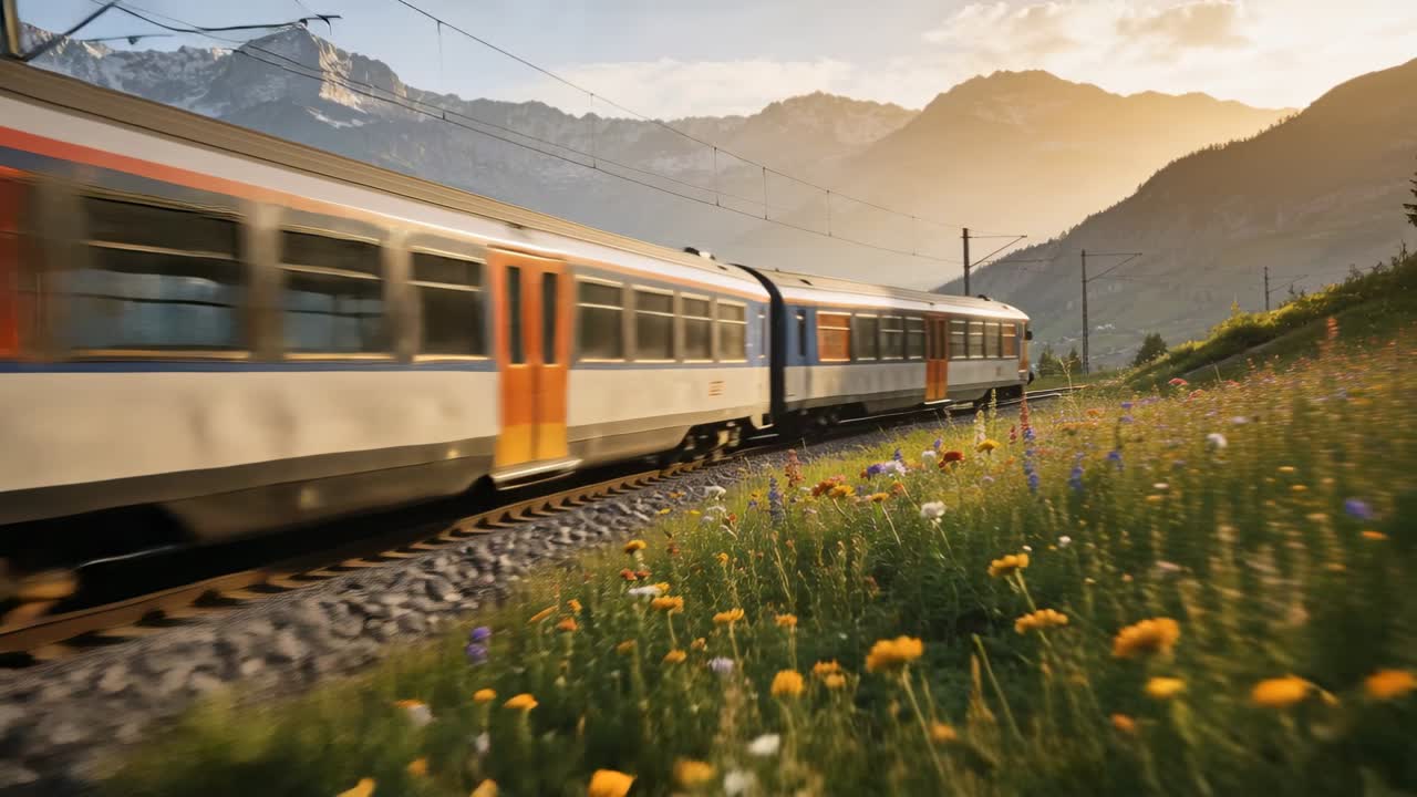 Treno passeggeri elettrico che entra da sinistra, percorre una curva, trasportando persone nella luce dorata.