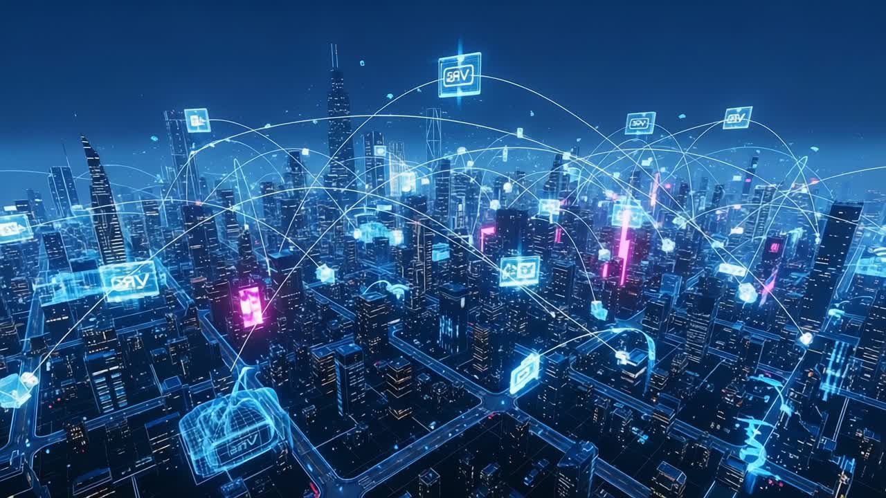 A Dynamic Visual Representation of a Futuristic Cityscape, Showcasing Interconnected Networks and Digital Interfaces Illuminating the Urban Landscape at Night