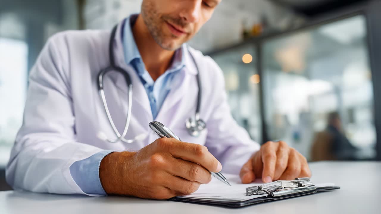 A dedicated healthcare professional meticulously documenting important patient information in a clinical environment, emphasizing the critical role of accurate record-keeping in providing quality medical care and ensuring patient safety