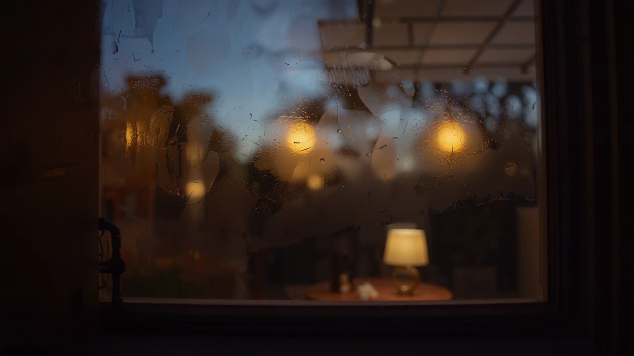 Indrammer tåget vinduesglas i skumringen, afslører tændt bordlampe, rundt bord, klinke, verandapærer