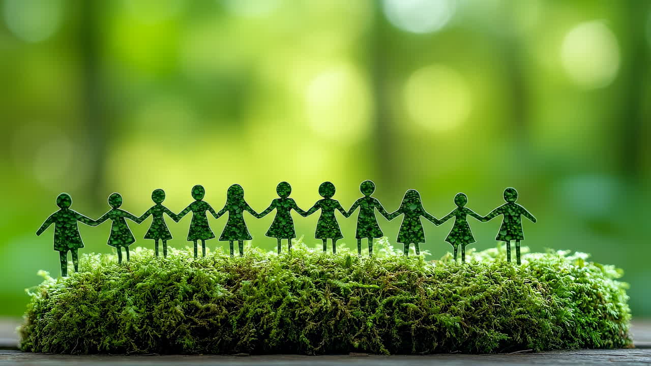 Green paper cutout people on moss. Green paper cutout silhouettes of people holding hands placed on fresh green moss