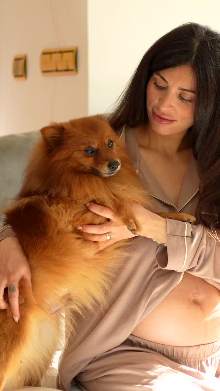 Pregnant woman holding dogs