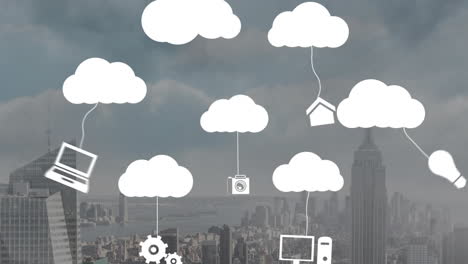 animation of clouds with technology icons over cityscape