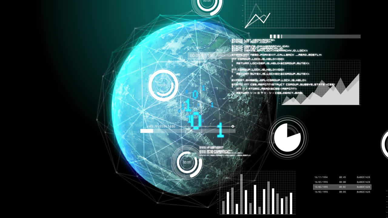 Animation of data processing and diagrams over globe