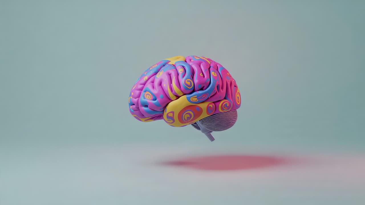 Opening frame showing brain model spinning around pastel teal studio, showcasing swirl patterns